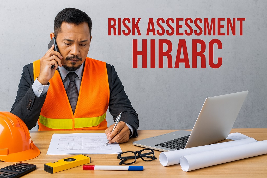 safety professional wearing an orange reflective vest sits at a desk reviewing documents while talking on the phone, with construction tools, blueprints, and a laptop in front of him. Large red text reading “RISK ASSESSMENT HIRARC” appears on the wall behind him